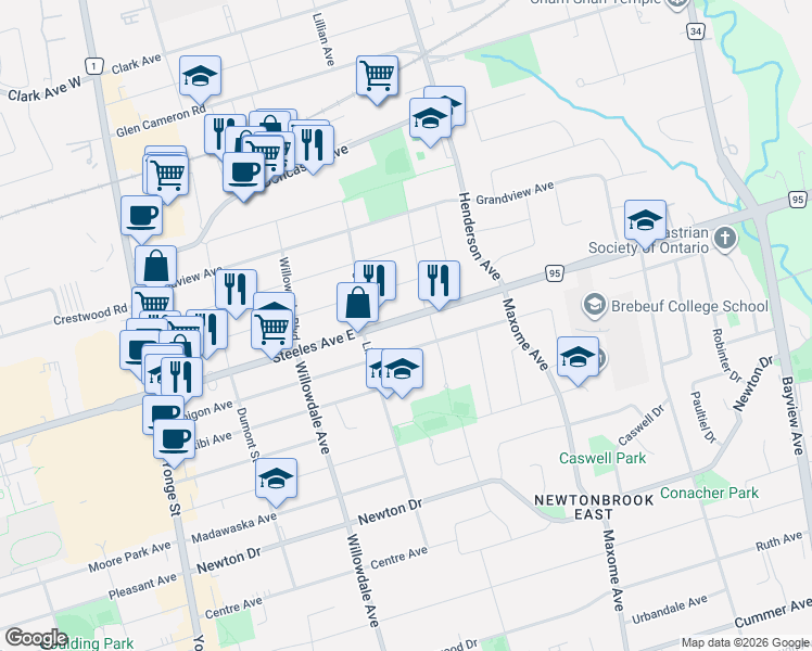 map of restaurants, bars, coffee shops, grocery stores, and more near 123 Steeles Avenue East in Toronto