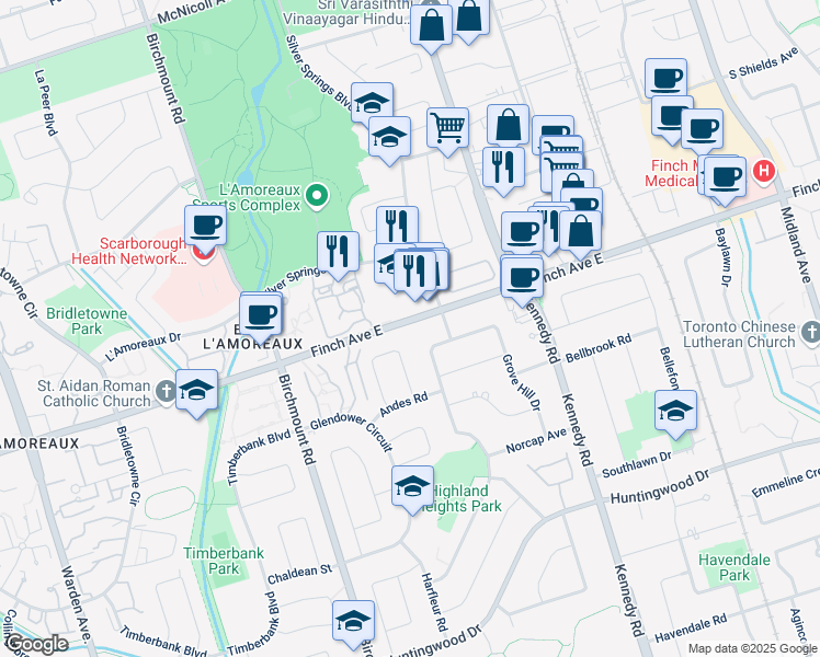 map of restaurants, bars, coffee shops, grocery stores, and more near 3825 Finch Avenue East in Toronto