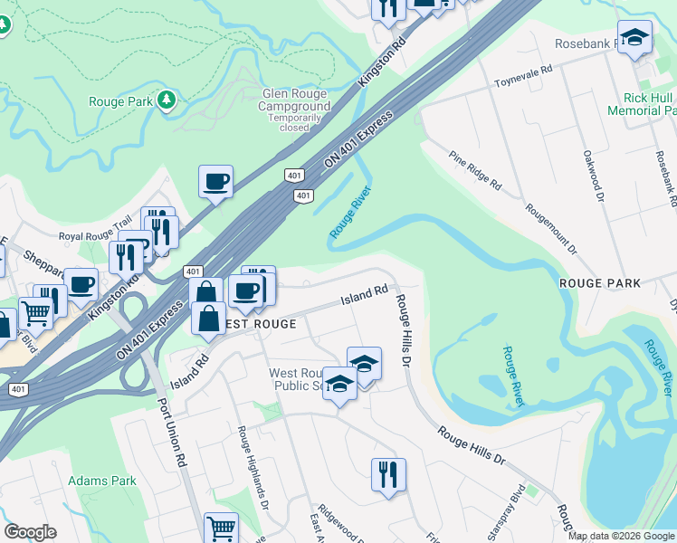 map of restaurants, bars, coffee shops, grocery stores, and more near 541 Rouge Hills Drive in Toronto