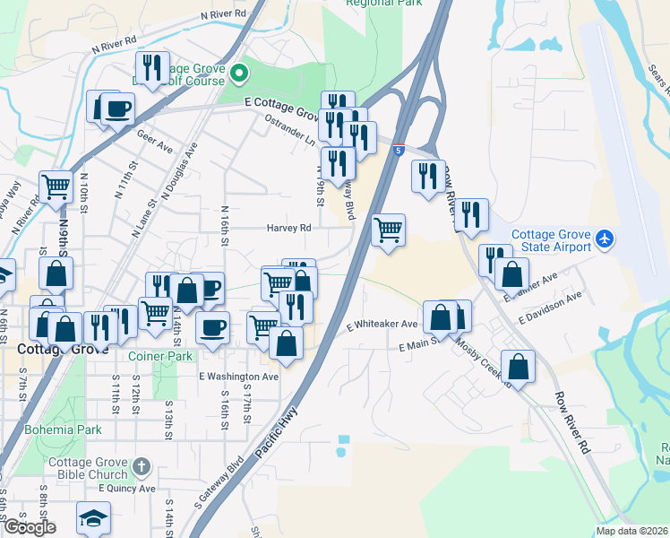 map of restaurants, bars, coffee shops, grocery stores, and more near 316 Harvey Road in Cottage Grove