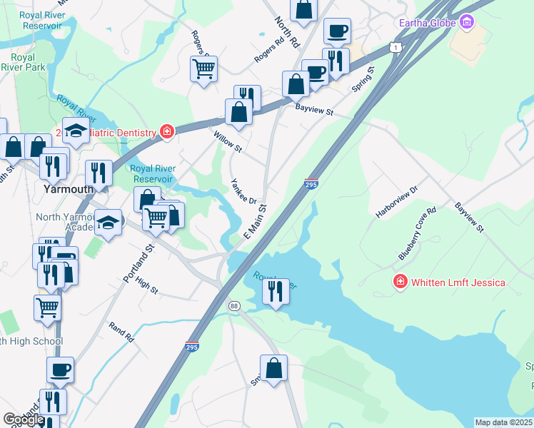 map of restaurants, bars, coffee shops, grocery stores, and more near 65 East Main Street in Yarmouth
