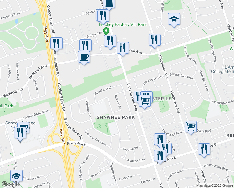 map of restaurants, bars, coffee shops, grocery stores, and more near 76 Navaho Drive in Toronto