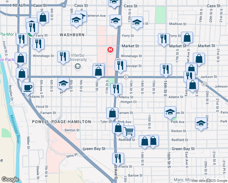 map of restaurants, bars, coffee shops, grocery stores, and more near in La Crosse