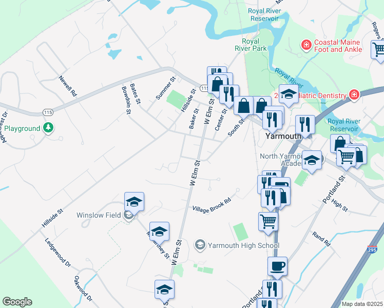 map of restaurants, bars, coffee shops, grocery stores, and more near 111 W Elm St in Yarmouth