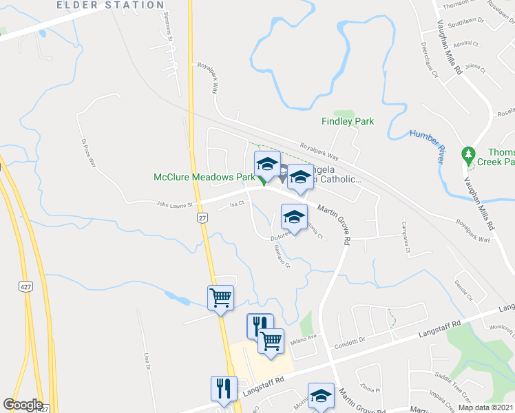 map of restaurants, bars, coffee shops, grocery stores, and more near 25 Dolores Crescent in Vaughan
