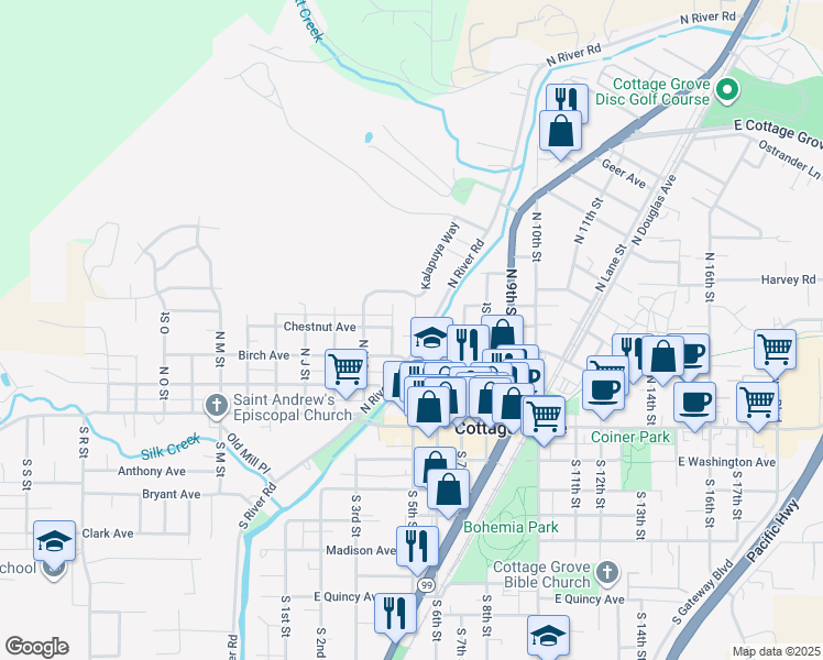 map of restaurants, bars, coffee shops, grocery stores, and more near 634 N River Rd in Cottage Grove