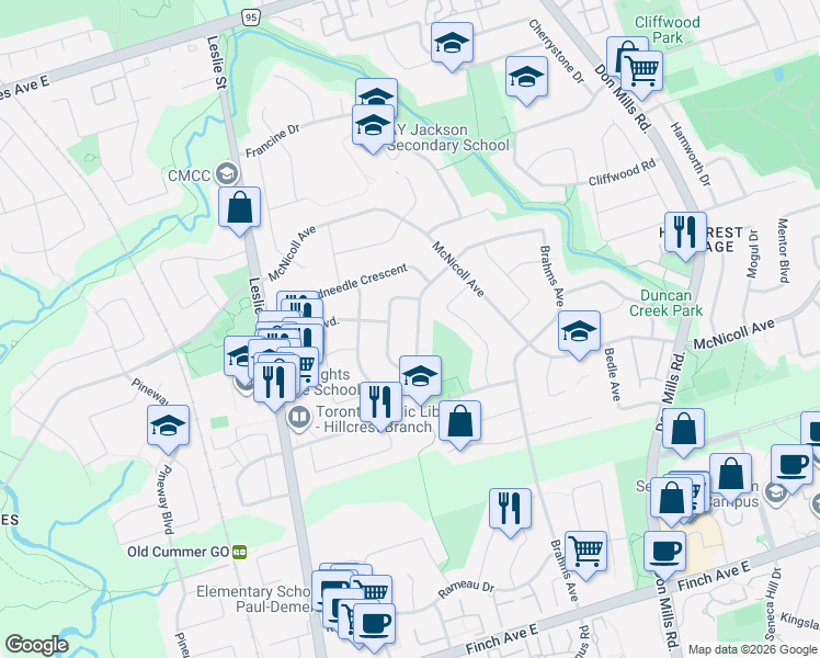 map of restaurants, bars, coffee shops, grocery stores, and more near 76 Clansman Boulevard in Toronto