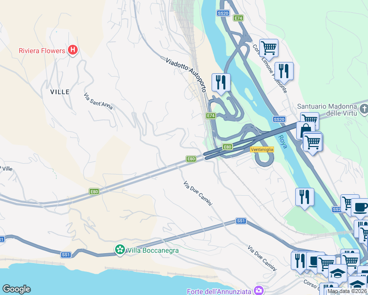map of restaurants, bars, coffee shops, grocery stores, and more near 30 Via Sant'Anna in Ventimiglia