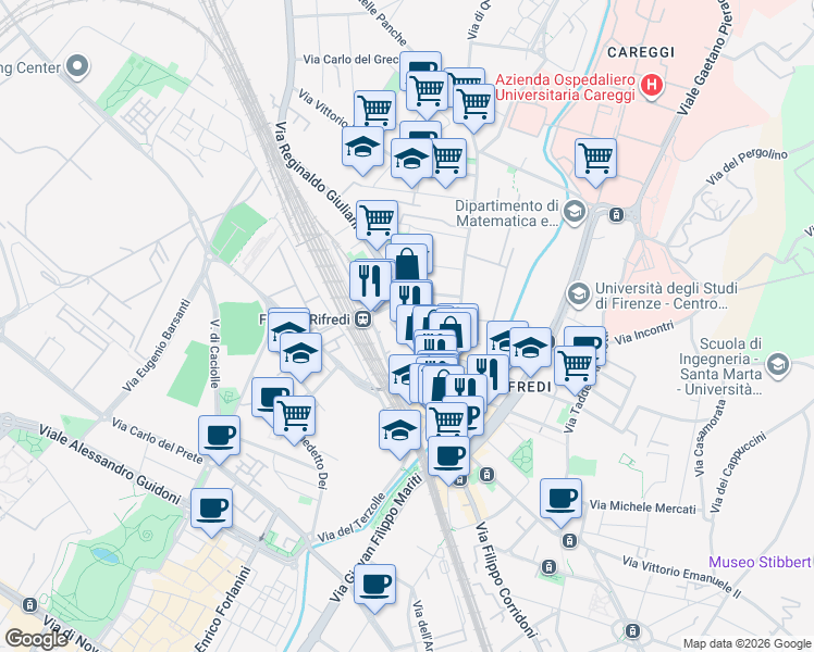 map of restaurants, bars, coffee shops, grocery stores, and more near 51 Via Reginaldo Giuliani in Firenze