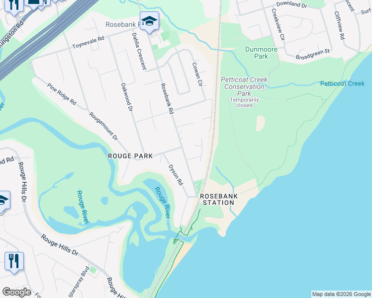 map of restaurants, bars, coffee shops, grocery stores, and more near 591 Kimton Court in Pickering