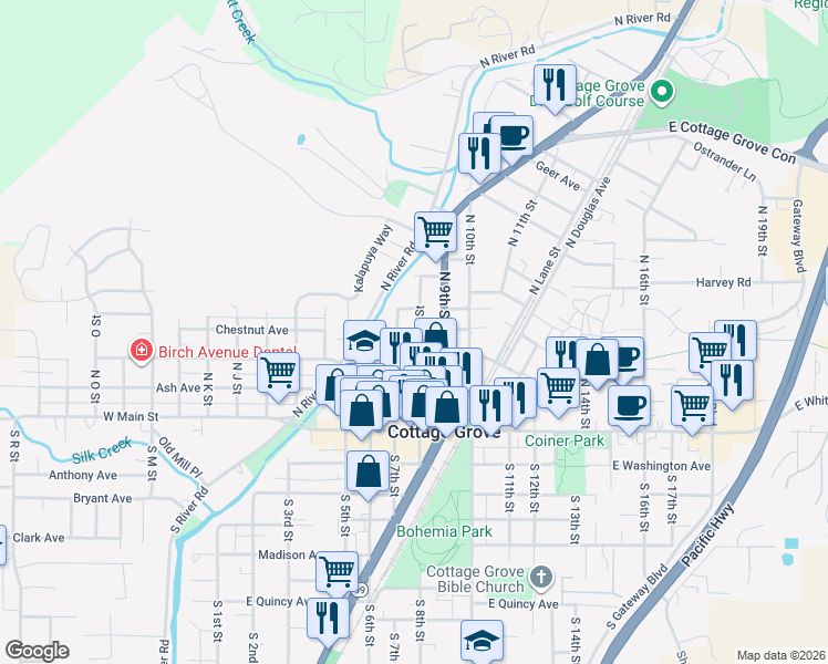 map of restaurants, bars, coffee shops, grocery stores, and more near 303 North 8th Street in Cottage Grove