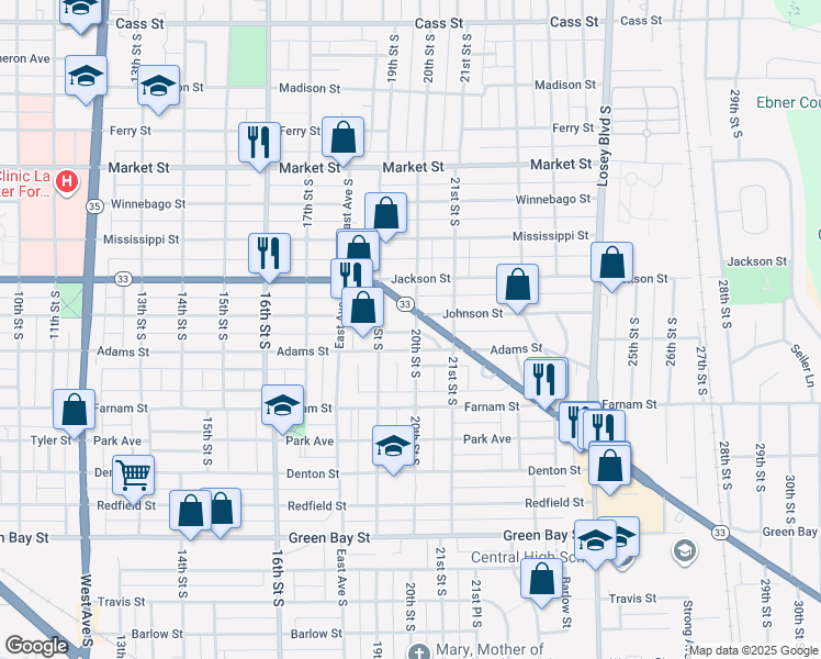 map of restaurants, bars, coffee shops, grocery stores, and more near 1110 20th Street South in La Crosse