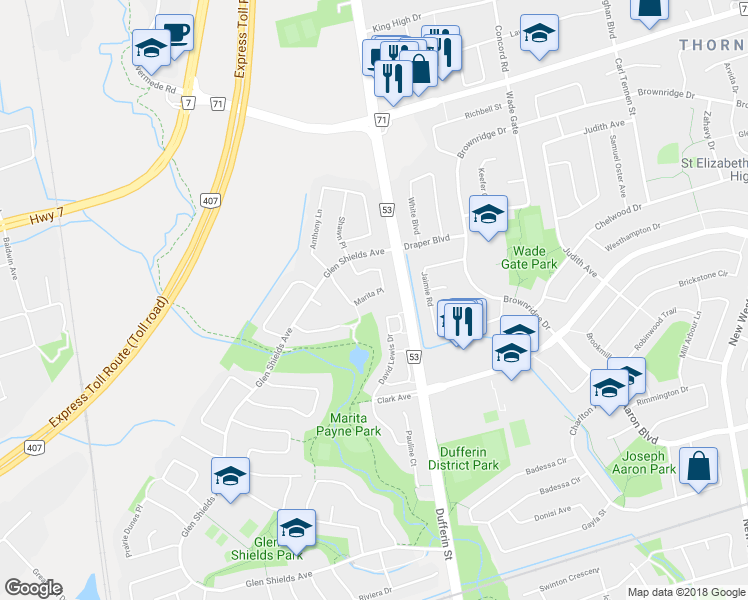 map of restaurants, bars, coffee shops, grocery stores, and more near 87 Marita Place in Vaughan