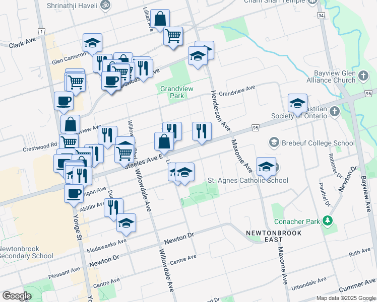 map of restaurants, bars, coffee shops, grocery stores, and more near 125 Steeles Avenue East in Toronto
