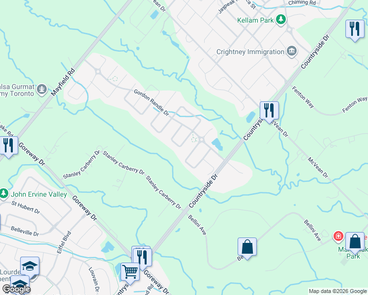 map of restaurants, bars, coffee shops, grocery stores, and more near 22 Foothills Crescent in Brampton