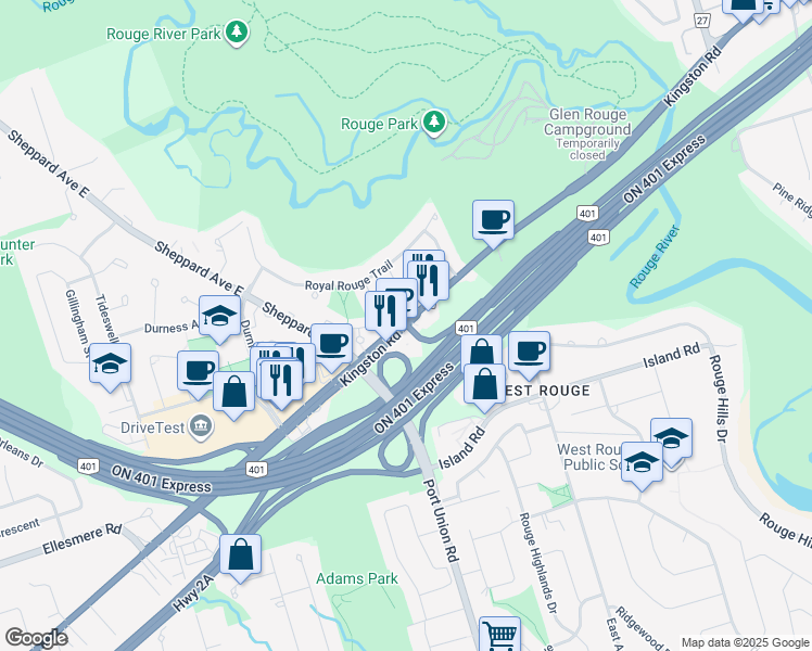 map of restaurants, bars, coffee shops, grocery stores, and more near 7336 Kingston Road in Toronto