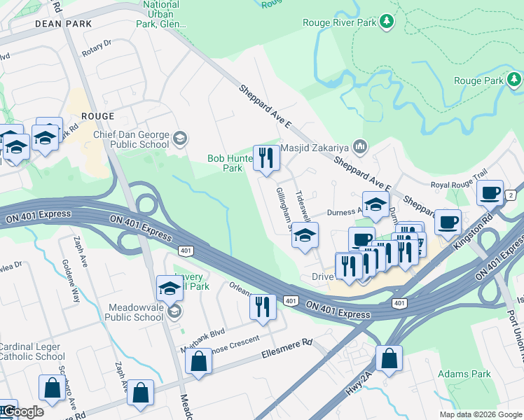 map of restaurants, bars, coffee shops, grocery stores, and more near 59 Bonnydon Crescent in Toronto