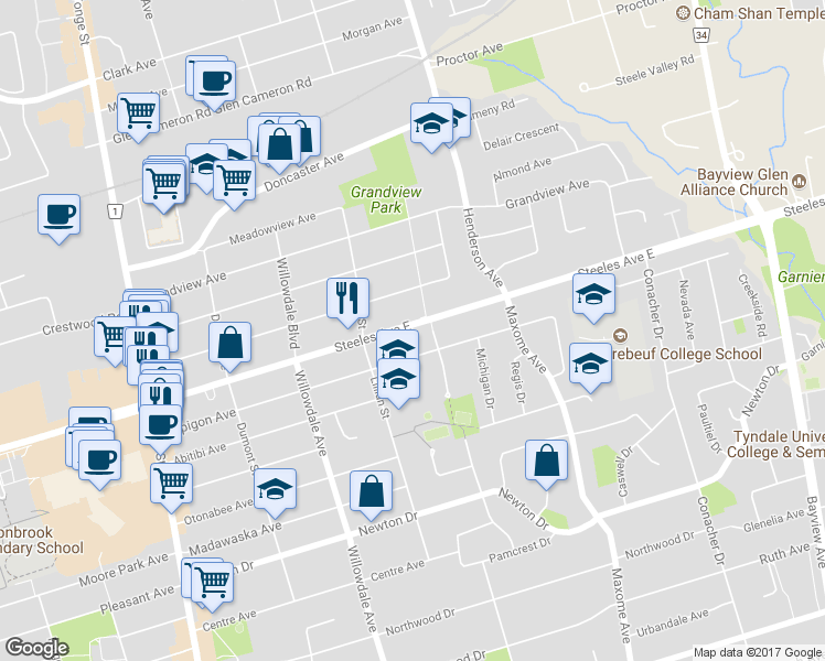 map of restaurants, bars, coffee shops, grocery stores, and more near 125 Steeles Avenue East in Toronto