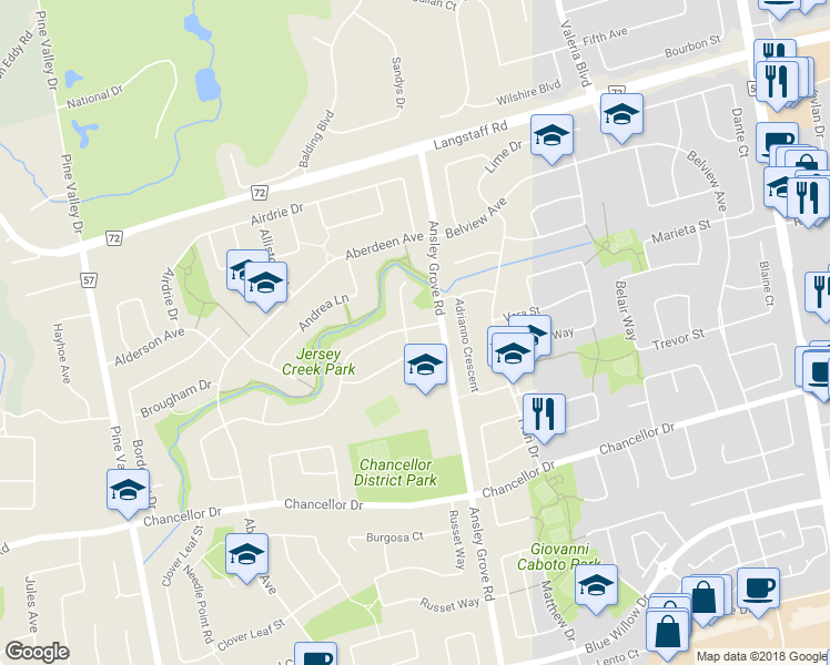 map of restaurants, bars, coffee shops, grocery stores, and more near 3 Twinberry Crescent in Vaughan