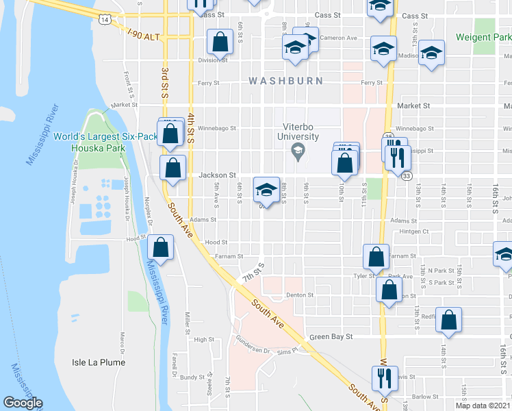 map of restaurants, bars, coffee shops, grocery stores, and more near 1112 7th Street South in La Crosse