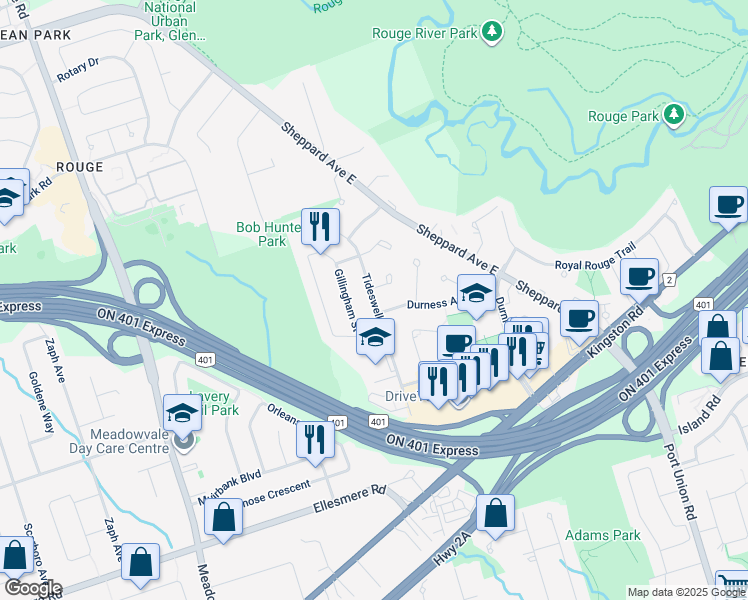 map of restaurants, bars, coffee shops, grocery stores, and more near 82 Tideswell Boulevard in Toronto