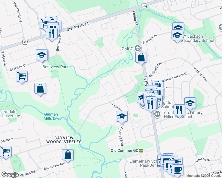 map of restaurants, bars, coffee shops, grocery stores, and more near 40 Yatesbury Road in Toronto