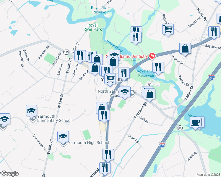 map of restaurants, bars, coffee shops, grocery stores, and more near 200 Main Street in Yarmouth