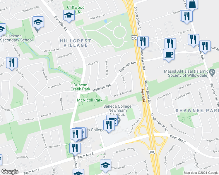 map of restaurants, bars, coffee shops, grocery stores, and more near 4 Sexton Crescent in Toronto
