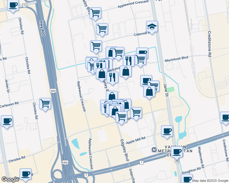map of restaurants, bars, coffee shops, grocery stores, and more near 291 Edgeley Boulevard in Vaughan