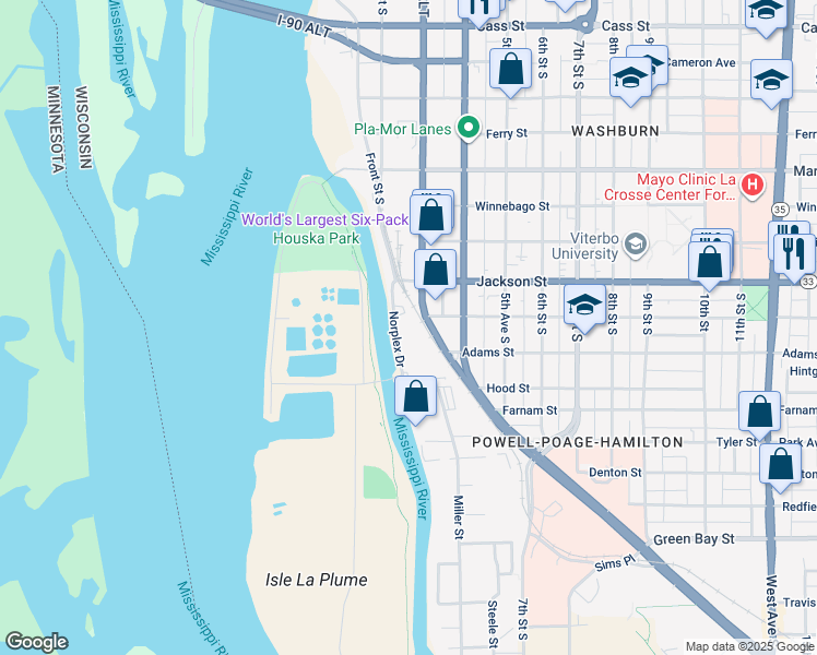 map of restaurants, bars, coffee shops, grocery stores, and more near 1309 Norplex Drive in La Crosse
