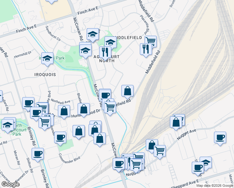 map of restaurants, bars, coffee shops, grocery stores, and more near 28 Bushcroft Grove in Toronto