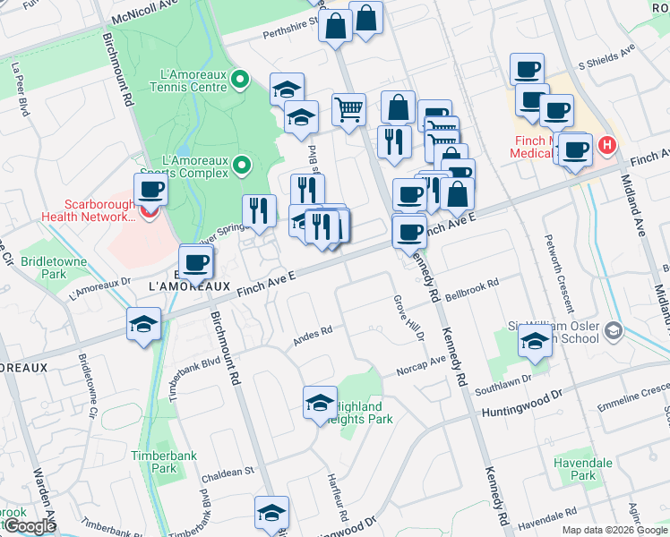 map of restaurants, bars, coffee shops, grocery stores, and more near 3833 Finch Avenue East in Toronto