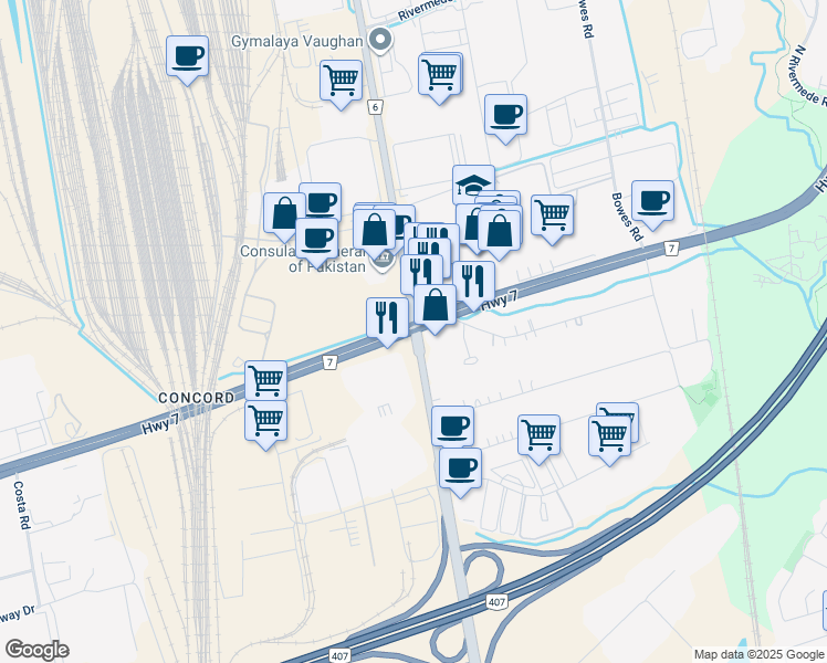 map of restaurants, bars, coffee shops, grocery stores, and more near in Vaughan