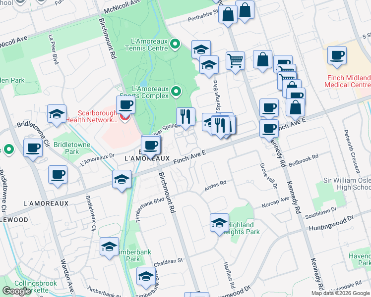 map of restaurants, bars, coffee shops, grocery stores, and more near 75 Silver Springs Boulevard in Toronto