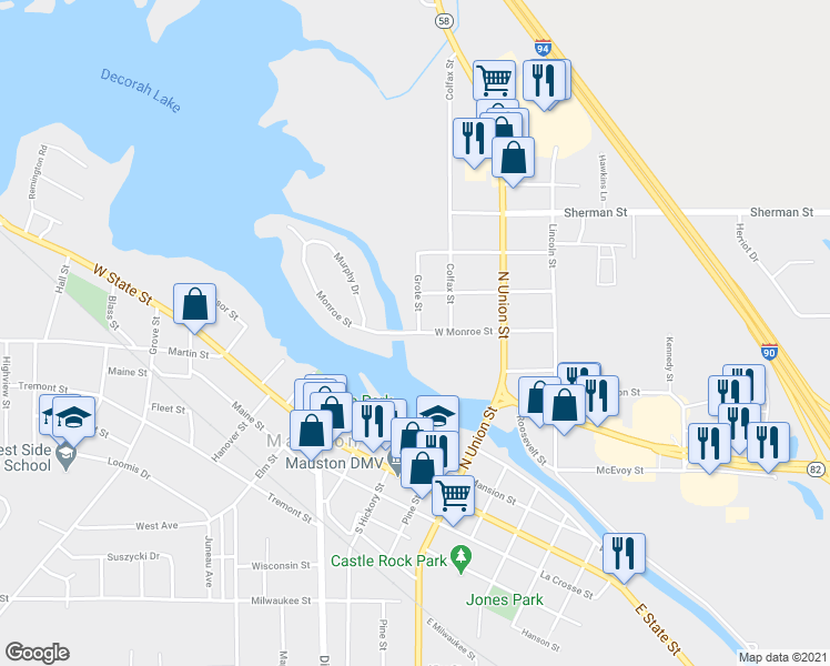 map of restaurants, bars, coffee shops, grocery stores, and more near 113 West Monroe Street in Mauston