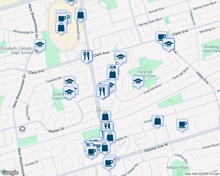 map of restaurants, bars, coffee shops, grocery stores, and more near 25 Mortimer Court in Vaughan