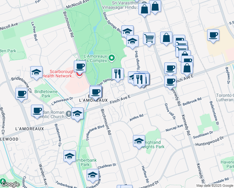 map of restaurants, bars, coffee shops, grocery stores, and more near 85 Silver Springs Boulevard in Toronto