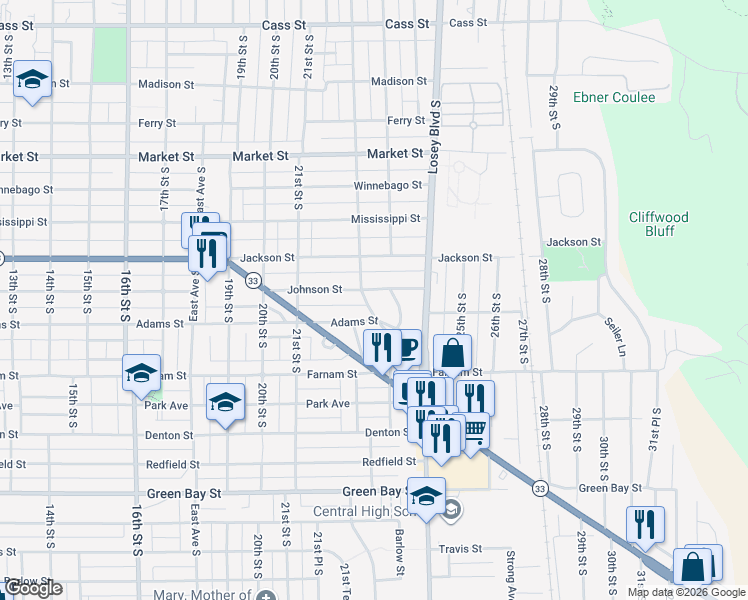map of restaurants, bars, coffee shops, grocery stores, and more near 1124 22nd Drive South in La Crosse