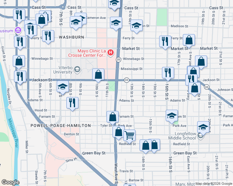 map of restaurants, bars, coffee shops, grocery stores, and more near 1223 Grant Court in La Crosse
