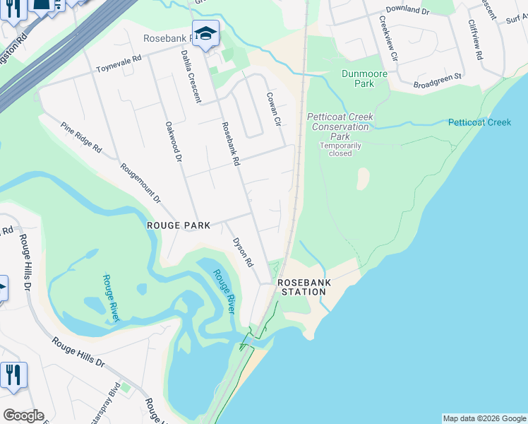 map of restaurants, bars, coffee shops, grocery stores, and more near 591 Kimton Court in Pickering