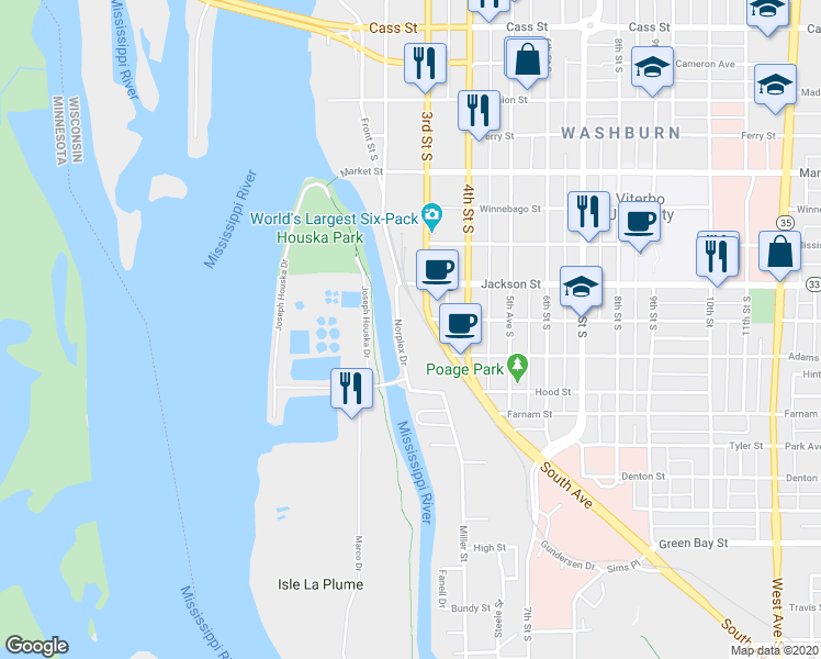 map of restaurants, bars, coffee shops, grocery stores, and more near 1309 Norplex Drive in La Crosse