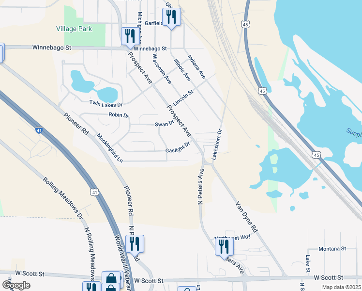 map of restaurants, bars, coffee shops, grocery stores, and more near 1 Gaslight Drive in North Fond du Lac