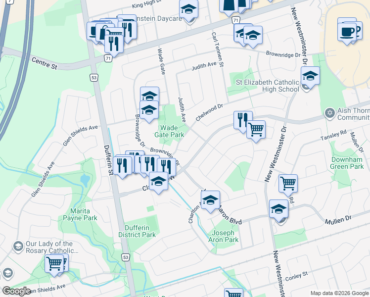 map of restaurants, bars, coffee shops, grocery stores, and more near 30 Pilkington Crescent in Vaughan