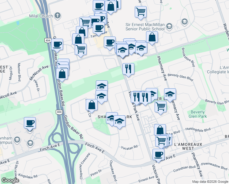 map of restaurants, bars, coffee shops, grocery stores, and more near 72 Navaho Drive in Toronto