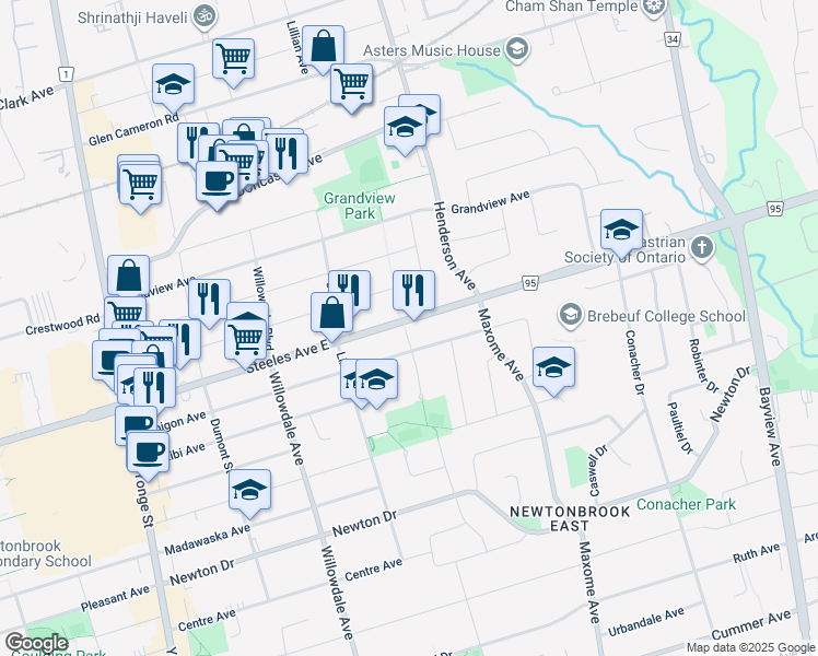 map of restaurants, bars, coffee shops, grocery stores, and more near 29 Whitman Street in Toronto