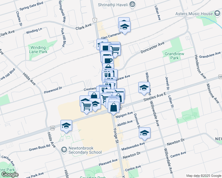 map of restaurants, bars, coffee shops, grocery stores, and more near 7079 Yonge Street in Toronto