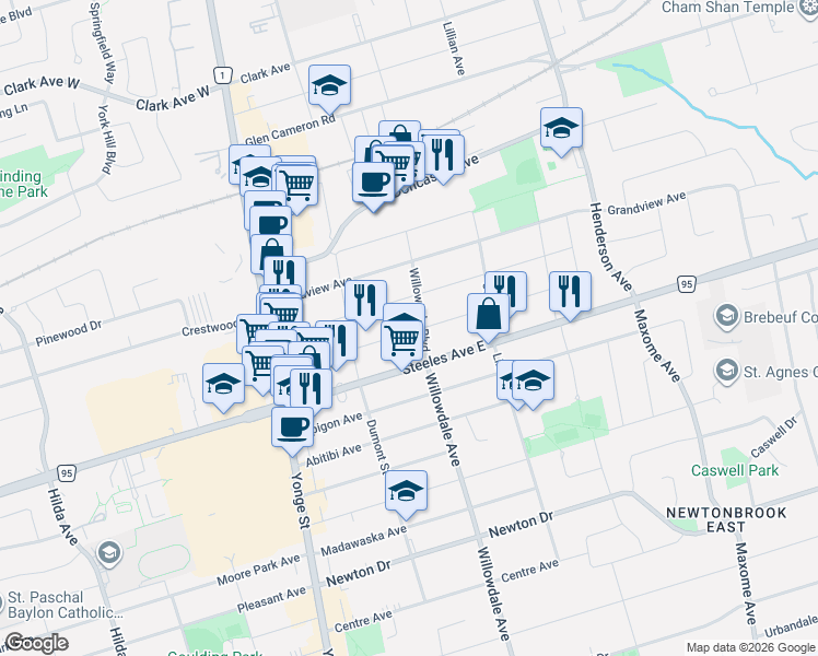 map of restaurants, bars, coffee shops, grocery stores, and more near 58 Highland Park Boulevard in Markham