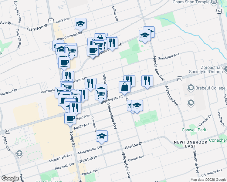 map of restaurants, bars, coffee shops, grocery stores, and more near 77 Highland Park Boulevard in Markham