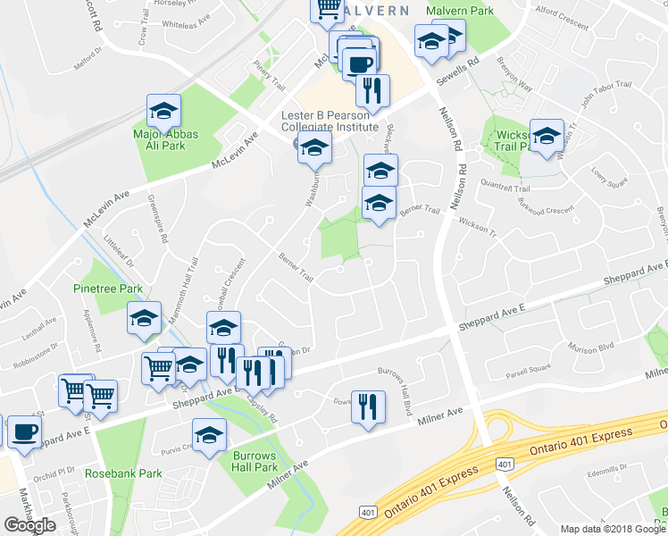 map of restaurants, bars, coffee shops, grocery stores, and more near 32 Cheatham Place in Toronto