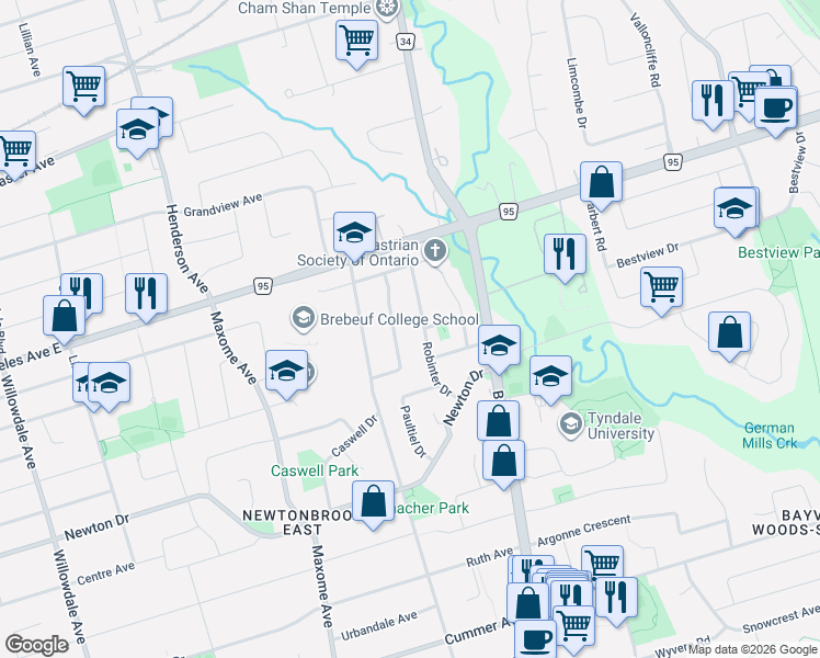 map of restaurants, bars, coffee shops, grocery stores, and more near 28 Robinter Drive in Toronto